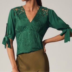 Tiny Anthropologie Green Satin Brocade Women's Blouse Classy Romantic Luxury